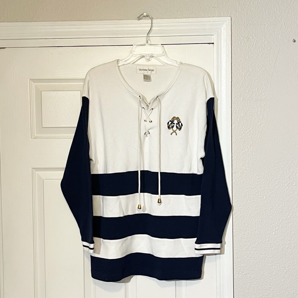 VICTORIA SPORT Vintage Sweater Top Sweatshirt Drawstring Striped Crest Classic